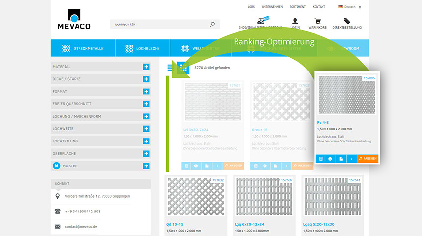 Im B2B-Online-Shop von Mevaco optimiert die Suche selbstlernend die Ergebnisoptimierung.