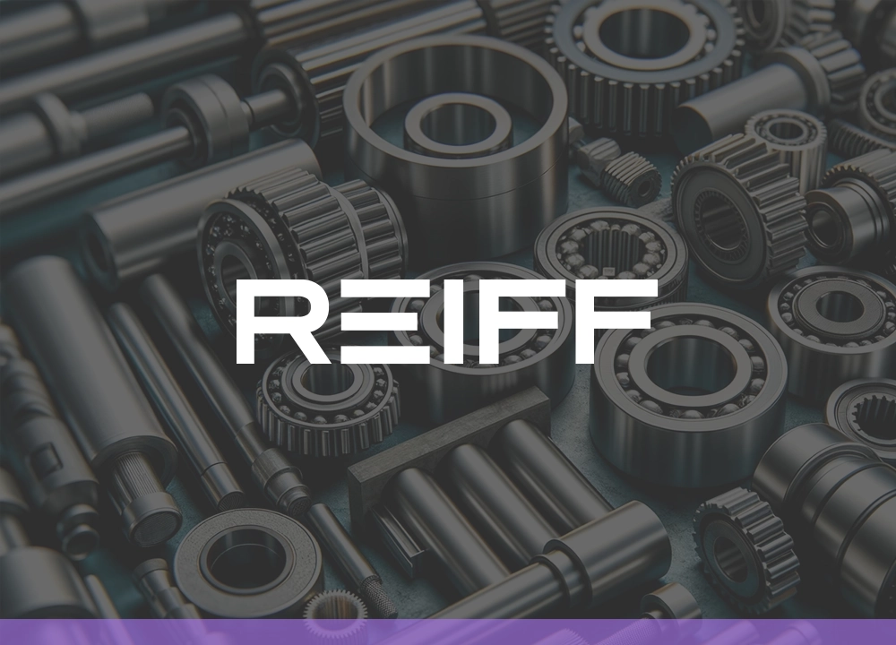 Detailreiche Darstellung von Lagern und Metallteilen auf lila Hintergrund mit REIFF-Logo.